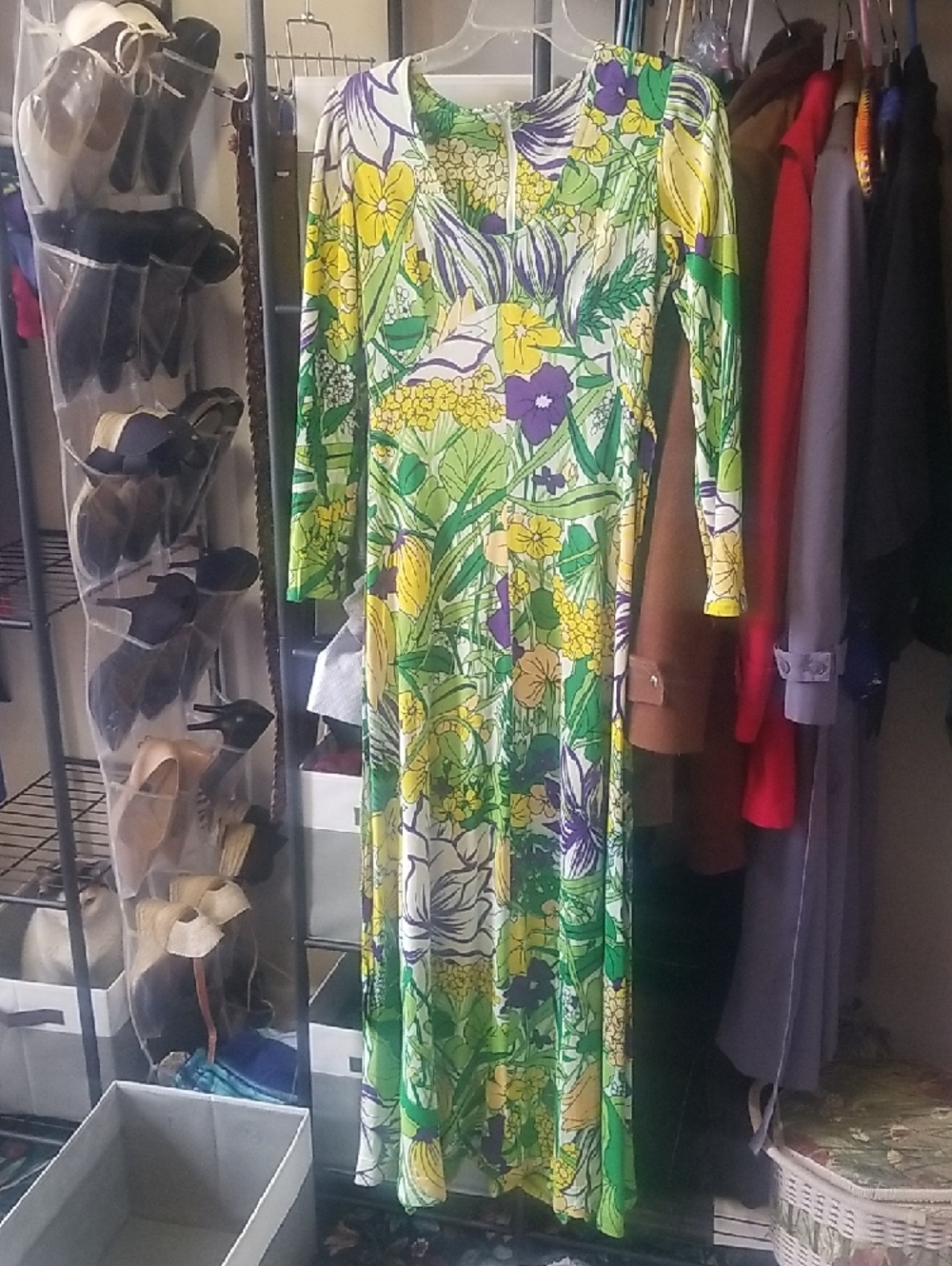 70s Vintage Floral Green Long Sleeve Maxi Dress - Green/Purple/Yellow